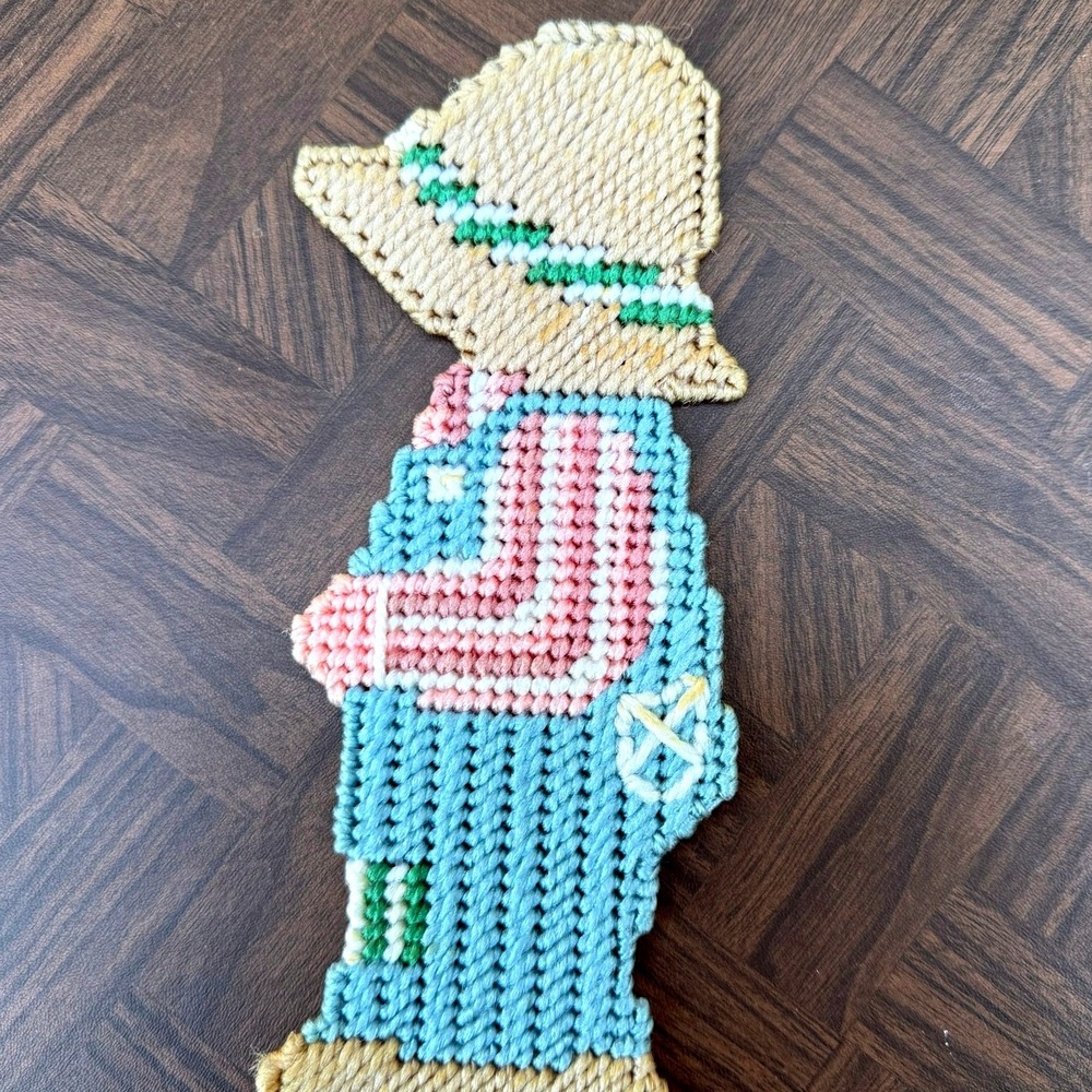 Vintage Handmade Plastic Canvas Needlepoint Boy in Overalls Straw Hat Folk Art